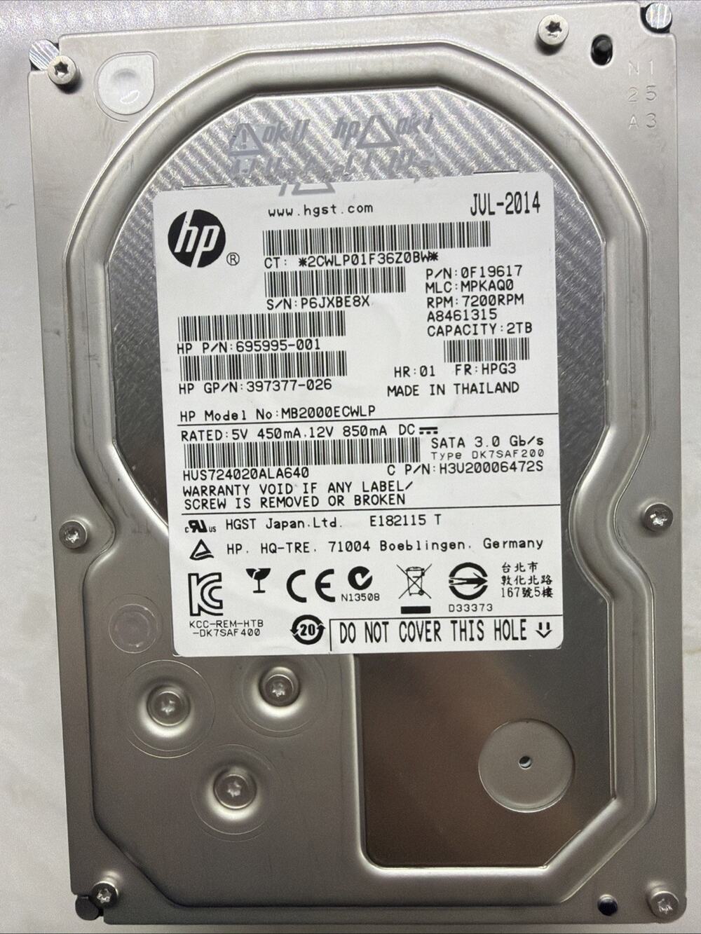 HP MB2000ECWLP 2TB 3.5" 7200RPM Hard Drive Tested Working Wiped Desktop HDD EUC